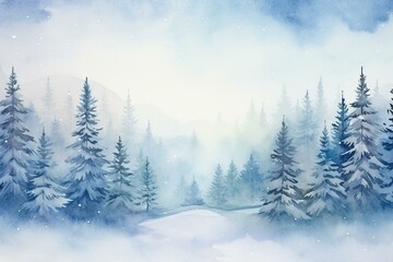 Fototapeta na wymiar Beautiful watercolor winter landscape with pine trees, falling snow, and fog. Perfect for Christmas-themed designs. Generative AI