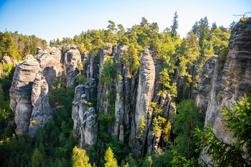 Prachovske skaly in sun lights, Cesky raj sandstone cliffs in Bohemian Paradise, Czech Republic - obrazy, fototapety, plakaty