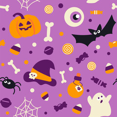 Fototapeta premium Vector seamless Halloween pattern with orange smiling spooky pumpkins. Holiday background for wrapping paper vector illustration