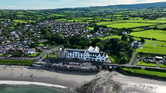 Aerial video of Ballygally Castle Co Antrim Coast Northern Ireland 09-09-23
