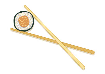 Chopsticks holding sushi rolls. Seafood sushi vector flat design isolated on white background