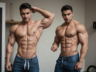 muscular men in home with naked torso  - obrazy, fototapety, plakaty