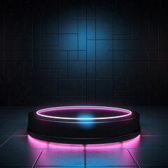 Black Friday Sale Concept. Circle black podium, decoration with neon light white round design on...