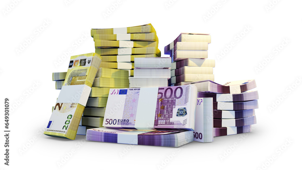 Poster stacks of euro notes. a lot of money isolated on transparent background. 3d rendering of bundles of 