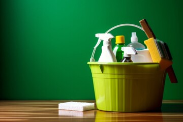 Environmentally-friendly cleaning bucket with products on a matching backdrop. Generative AI