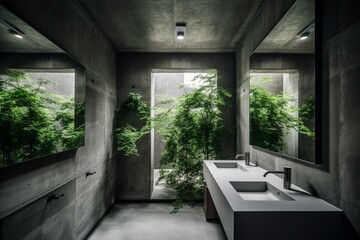 Contemporary washroom with concrete and greenery. Simplistic brutalism. Generative AI
