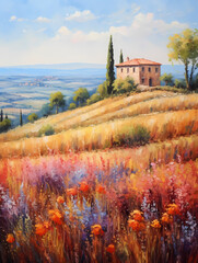 Painting Of A House On A Hill With Flowers