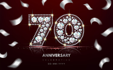 Birthday 70th Anniversary Banner made of Diamond Jewelry and Serpentine Confetti. 3d realistic illustration. Vector.