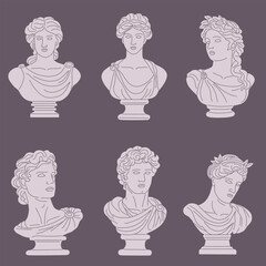 Set of decorative ancient Greek statues of men and women, goddesses and heroes. Antique sculpture in modern flat style. Vector isolated trend illustration.