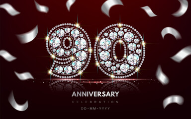 Birthday 90th Anniversary Banner made of Diamond Jewelry and Serpentine Confetti. 3d realistic illustration. Vector.