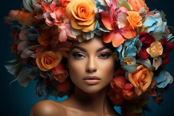 Photo of a stunning woman adorned with a floral crown created with Generative AI technology