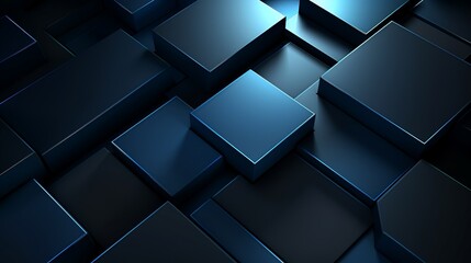 Futuristic blue digital geometric technology cube background banner illustration 3D - Glowing blue shape texture wall - obrazy, fototapety, plakaty