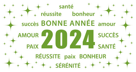 Bonne année 2024 ! Carte de vœux en français. Bannière vectorielle verte sur fond blanc. Flat design.