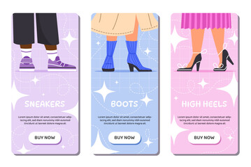 Shoes store banners set. Advertising and marketing. Fashion and trend. Man and women in colorful boots, sneakers and high heels. Cartoon flat vector collection isolated on white background