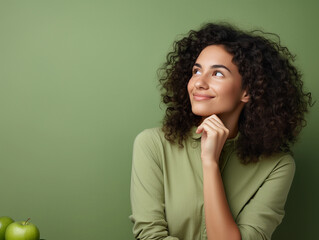 Headshot portrait of thoughtful pensive young brunette woman with curly hair holding hand under chin looking upward against honeydew-green studio wall background with copy space for text advertisement
