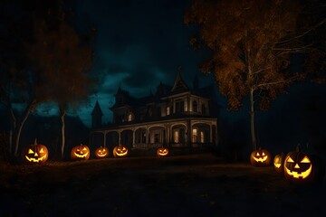 halloween night in the woods and hunted house .