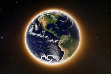 Fotobehang 星々がちりばめられた宇宙から見た壮大な地球、太陽の光が地球を照らす © sky studio
