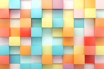 Illustration of Abstract 3D Geometric Texture Wall: Panoramic Long Banner with Bright Pastel Colored Squares and Rectangles - A Textured Wallpaper in Gloss Finish