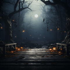 Halloween background. Spooky forest with full moon and wooden table, ai technology - obrazy, fototapety, plakaty