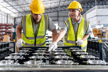Warehouse worker logistic team wearing hard hat working in aisle between tall racks with packed...