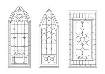 Stained glass windows line set. Minimalist frames for church building. Cathedral mosaic. Facade and exterior elements. Cartoon flat vector collection isolated on white background