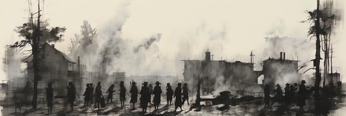 Dark WWII prison camp with prisoners as silhouettes illustration (1939-1945)