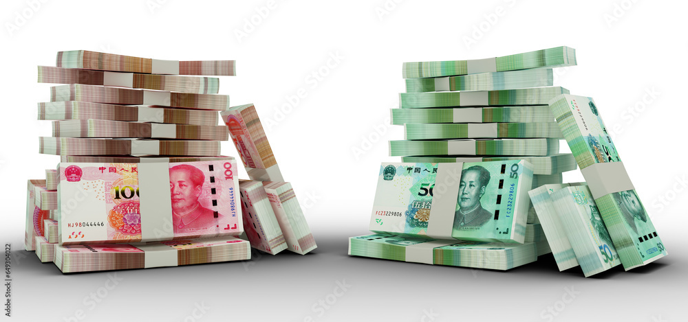 Poster 3d rendering of stacks of 100 and 50 chinese yuan notes. bundles of chinese currency notes isolated 