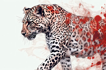 Jaguar on White Background. Leopard Art. Beautiful Wild Animal. Feline Energy. Jaguar in Movement. Predator in Motion. Digital Art. Generative AI