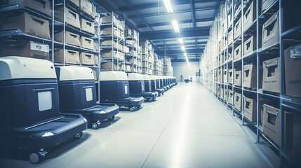 robotic artificial intelligence reigns supreme, autonomous warehouse logistics robots efficiently navigate, while smart automated delivery vehicles traverse modern storehouses.ai generate - obrazy, fototapety, plakaty