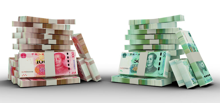 3d rendering of Stacks of 100 and 50 Chinese Yuan notes. bundles of Chinese currency notes isolated on transparent background