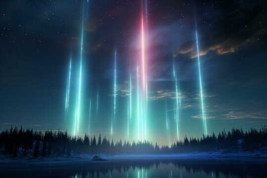 3D illustration of vertical light beams called light pillars in the Canadian sky. Generative AI