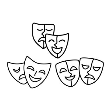 Set of hand drawn theater mask illustration with happy and sad expression illustration with doodle style vector isolated on white background