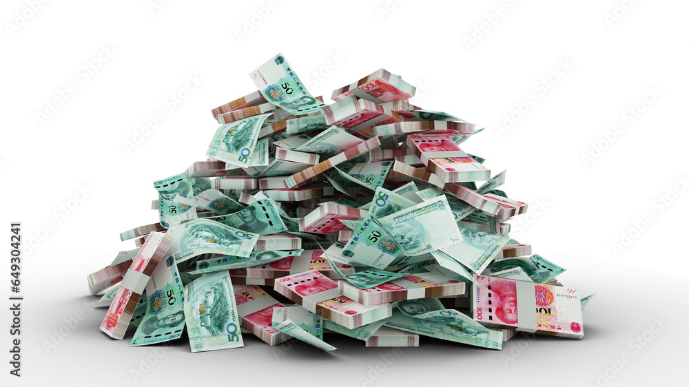 Poster big pile of chinese yuan notes. a lot of money isolated on transparent background. 3d rendering of b