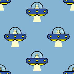 Cartoon colorful set seamless pattern with UFO aliens spaceship and stars on dark background. Suitable for Modern illustration print for street wear brand clothes tshirt sweatshirt poster sticker.