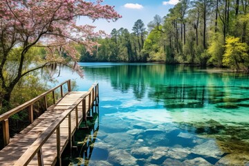 A picturesque spring in Ocala National Forest, FL, featuring clear turquoise water and a charming wooden bridge, located north of Orlando. Generative AI - obrazy, fototapety, plakaty