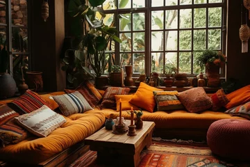 Printed kitchen splashbacks Boho Style Cozy ethnic boho home with warm brown living room decoration. Generative AI