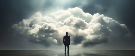 Young businessman standing facing clouds of ambiguity - obrazy, fototapety, plakaty