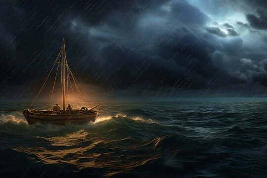 A tiny boat battling thunderstorm and lightning in the vast open sea. Generative AI