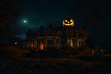 halloween  house   background with pumpkin.