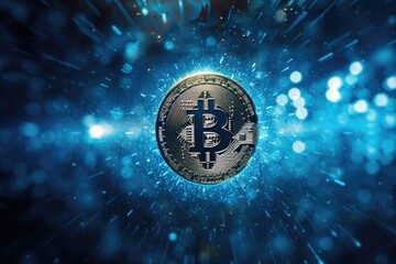 A bitcoin on a vibrant blue background