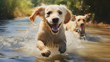Freudiger Sprung: Labrador im Wasser - obrazy, fototapety, plakaty