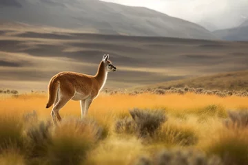 Fotobehang A guanaco exploring the prairie in Chilean Patagonia. Generative AI © Seraphine