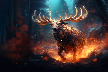 Image of fantasy of deer with beautiful big antlers and flames in the forest. Wildlife Animals. Illustration, Generative AI.