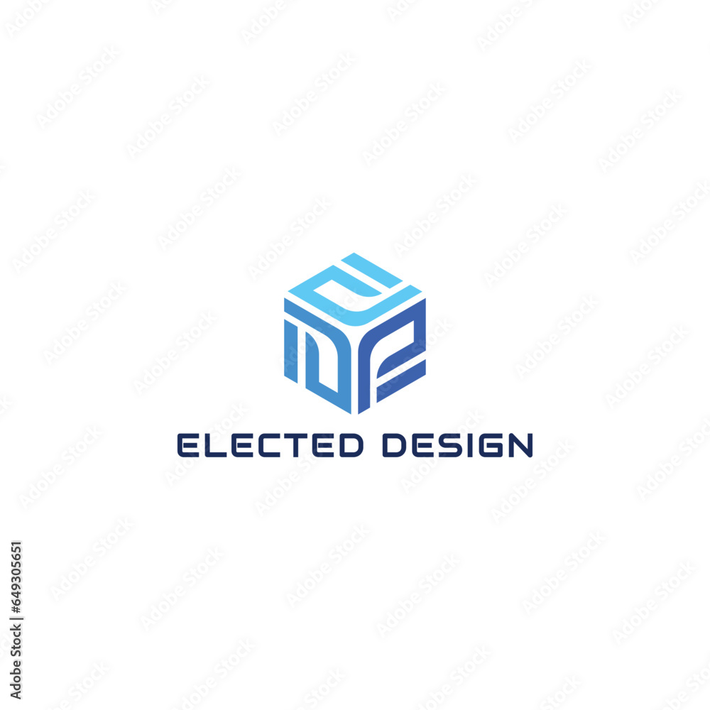 Poster abstract initial letter ed or de logo concept with hexagonal shape in blue color isolated on a white