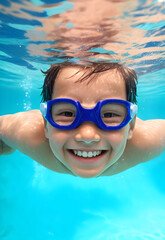 little child happy in swimming pool, school boy enjoy and smiling in underwater, kid swimming, teenage boy enjoy his life