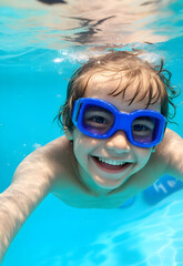 Fototapeta premium little child happy in swimming pool, school boy enjoy and smiling in underwater, kid swimming, teenage boy enjoy his life