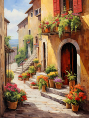 Fototapeta na wymiar Painting Of A Street With Flowers