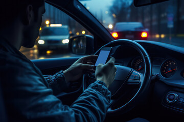 Reckless Behavior: Man Risks Safety by Using Smartphone While Driving, Ignoring the Dangers Ahead - obrazy, fototapety, plakaty