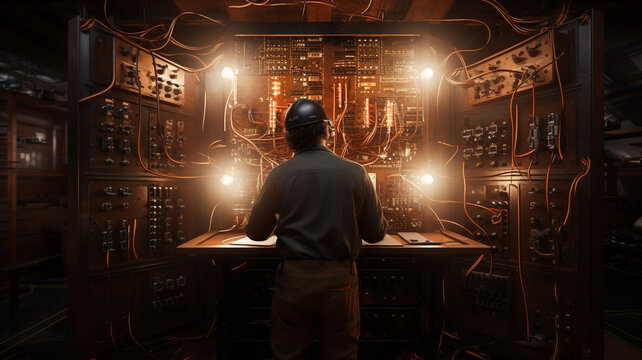 An electrician is connecting a circuit in the control room.