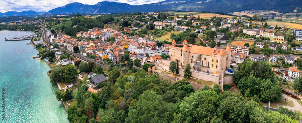 Wall mural Switzerland travel and landmarks. Lake Neuchatel, aerial drone view of Grandson historic town and medieval castle. Canton Vaud.